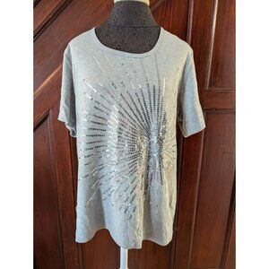 Quacker Factory Gray Short Sleeve T-Shirt With Silver Sequin Starburst Design 1X